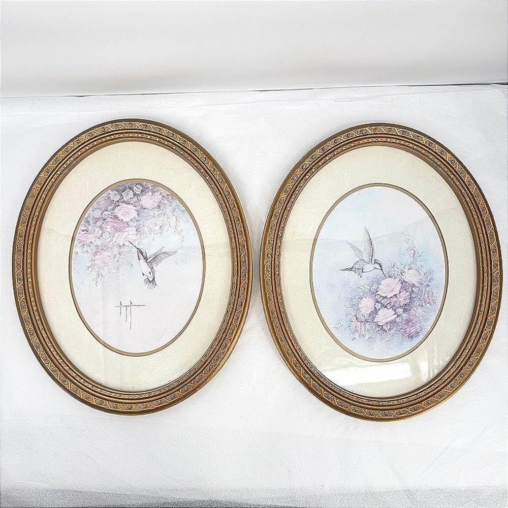 Margie Morrow Art Prints Hummingbird Rose Oval Gold Frame SET 2 VTG Gallery Wall